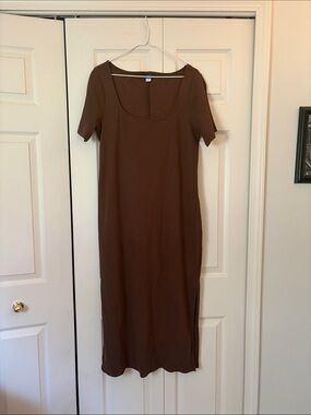 Rubbed Brown Scoop Neck Midi Dress - Old Navy